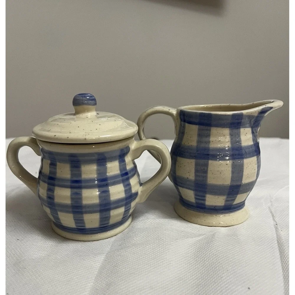 Vtg Cottagecore Blue Gingham Stoneware Cream Sugar Country Farmhouse Decor